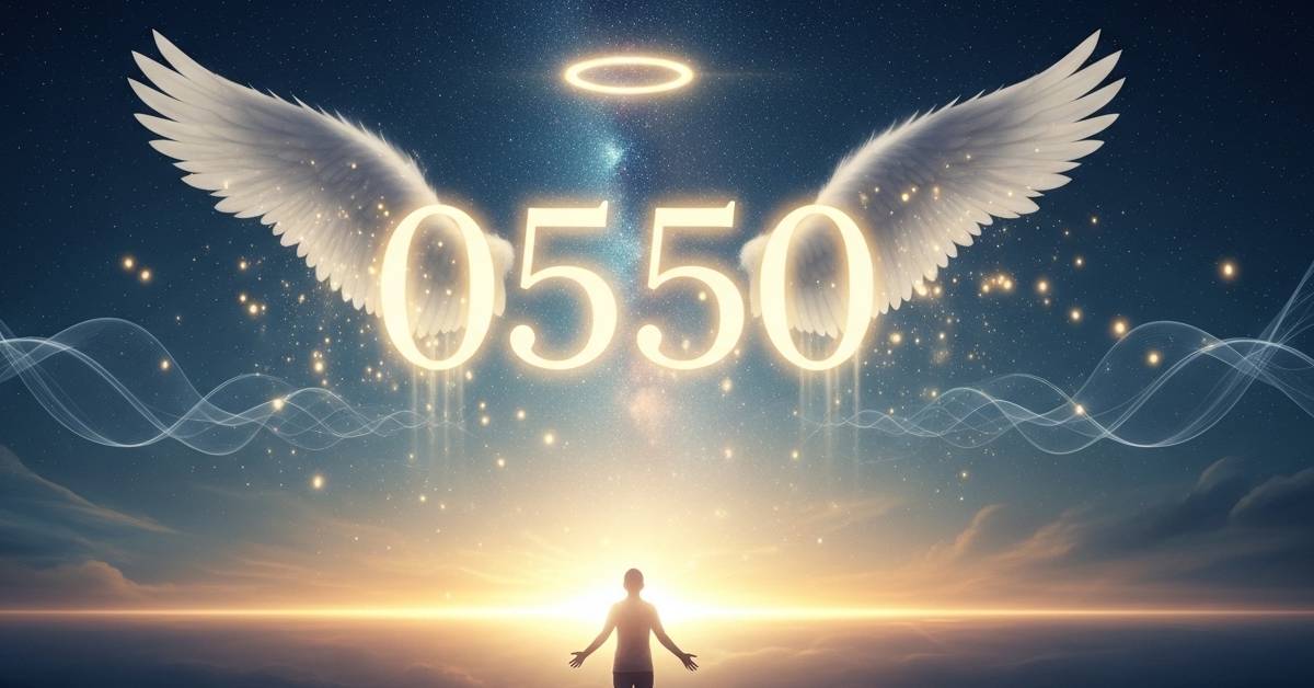 0550 angel number meaning - glowing angel number 0550 with angel wings and sunrise symbolizing positive change, freedom and spiritual guidance