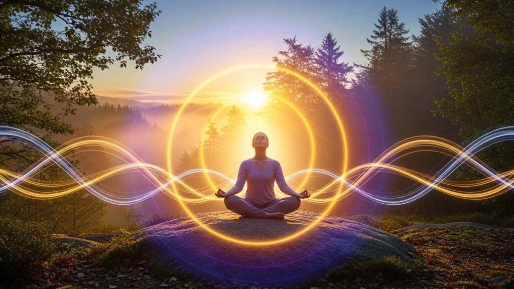 Person meditating in nature during a 21 day vibrational energy transformation journey