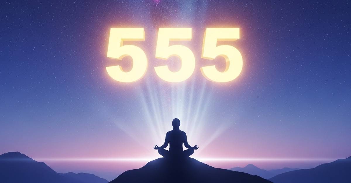 Glowing gold number 555 floating in cosmic sky above a person meditating on a mountain, representing transformation and manifestation.