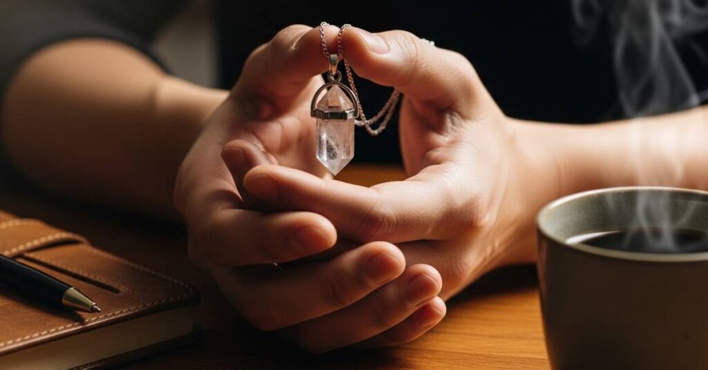 A creative professional holding a manifestation necklace while practicing a daily morning ritual.