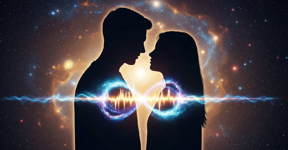 A serene image showing two silhouettes facing each other with glowing cosmic energy connecting their hearts, representing how to manifest someone back into your life