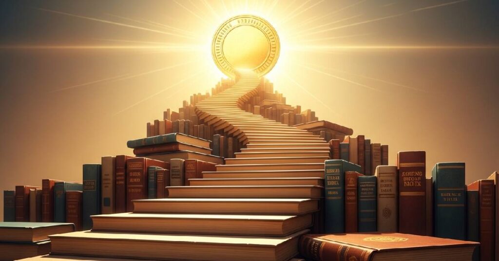 A stack of books acting as a staircase to reach a gold coin, symbolizing how learning helps attract wealth.