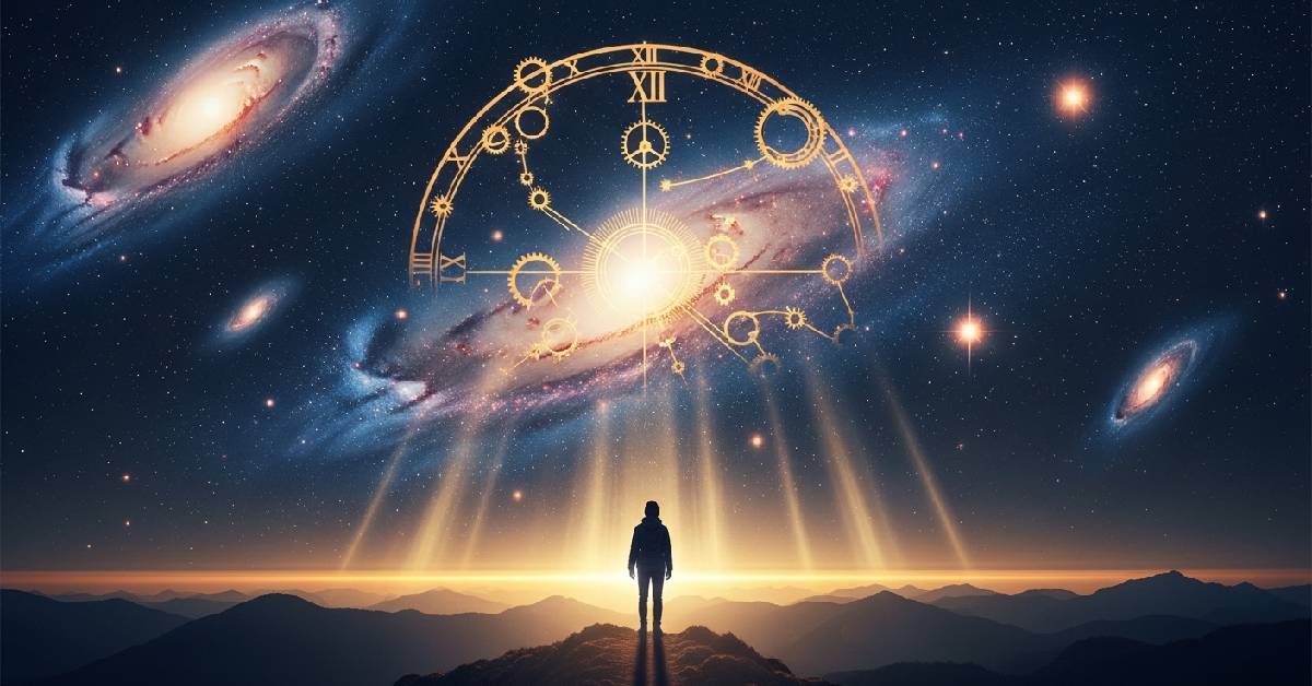 A person looking up at a mystical celestial clock in the cosmic sky, symbolizing the Law of Divine Timing and trusting the universe.