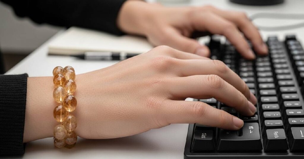 Close-up of a citrine crystal manifestation bracelet on a freelancer's hand during work.
