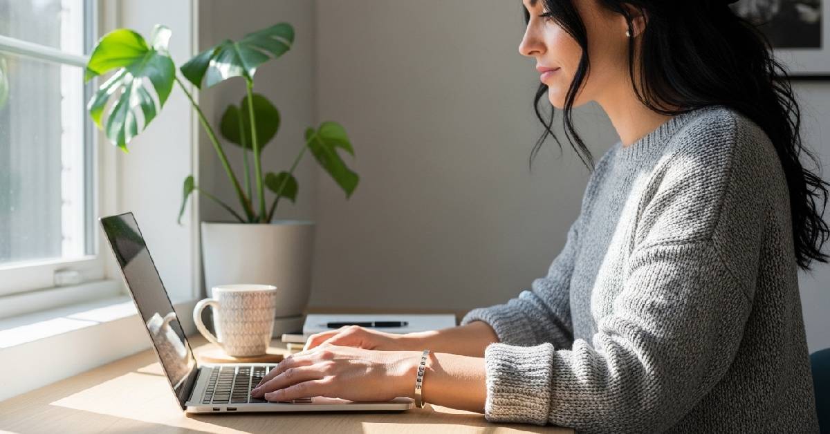 A digital freelancer wearing a manifestation focus bracelet while working on a laptop.