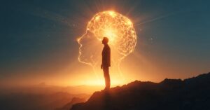 Silhouette of a person on a mountain at sunrise with glowing neural pathways in the brain symbolizing mind power and peak performance.