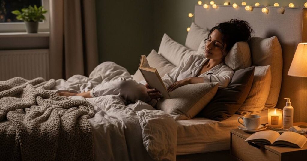 woman relaxing bedtime routine calm mind self care night