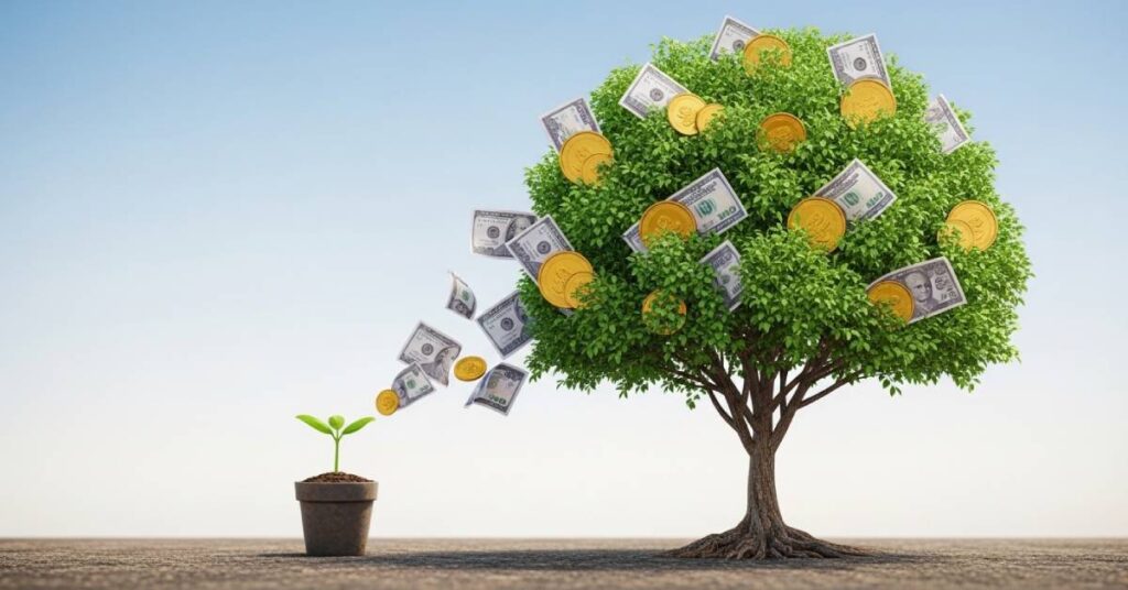 A small plant growing into a large tree made of money, illustrating the power of compounding.