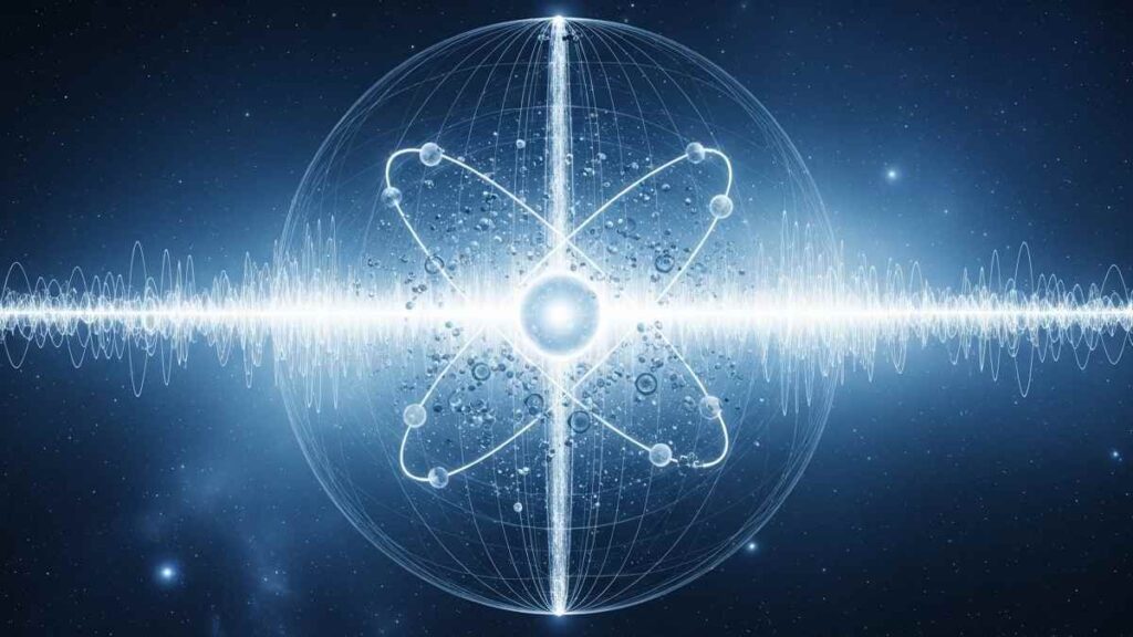 Quantum physics illustration showing atoms, empty space and vibrating energy waves inside matter