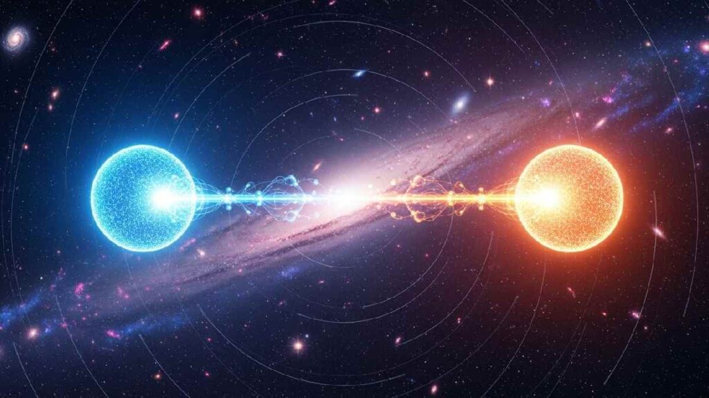 Quantum entanglement concept showing two particles connected across space with energy light