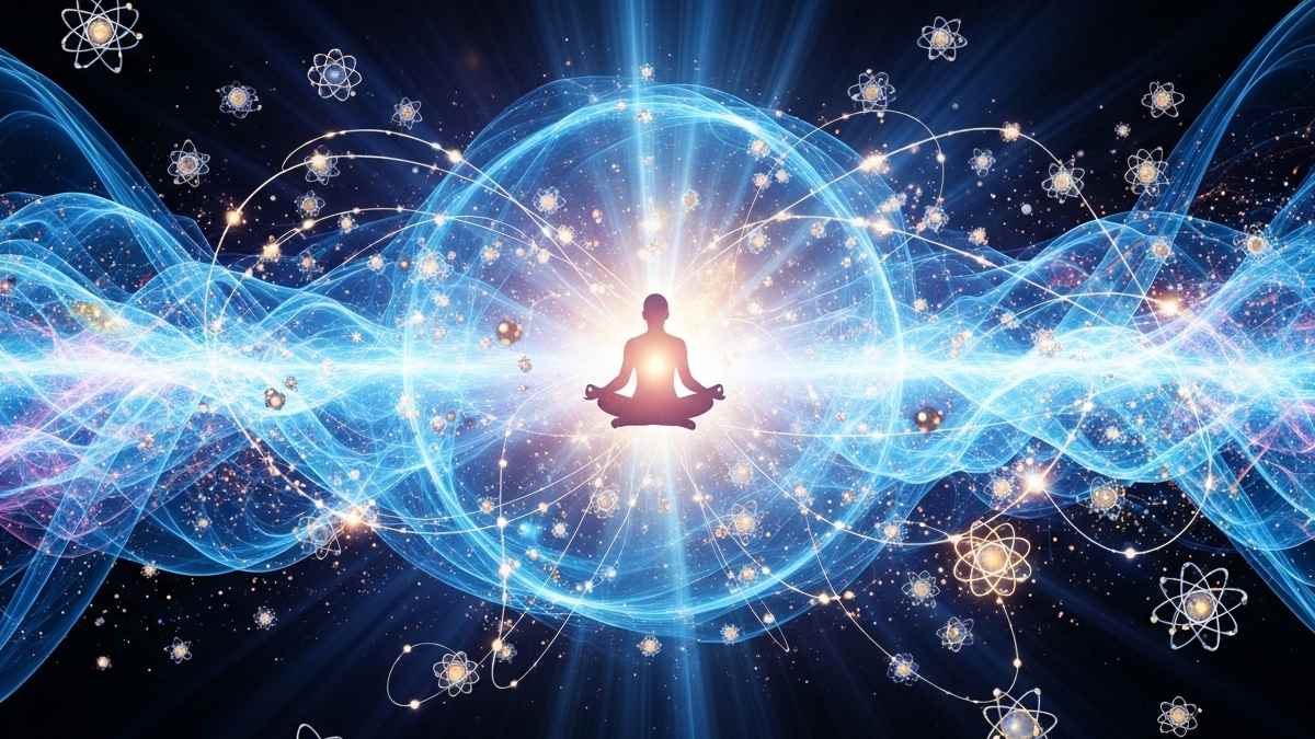 Visualization of quantum physics and the law of attraction showing energy waves, atoms and human consciousness connected with the universe