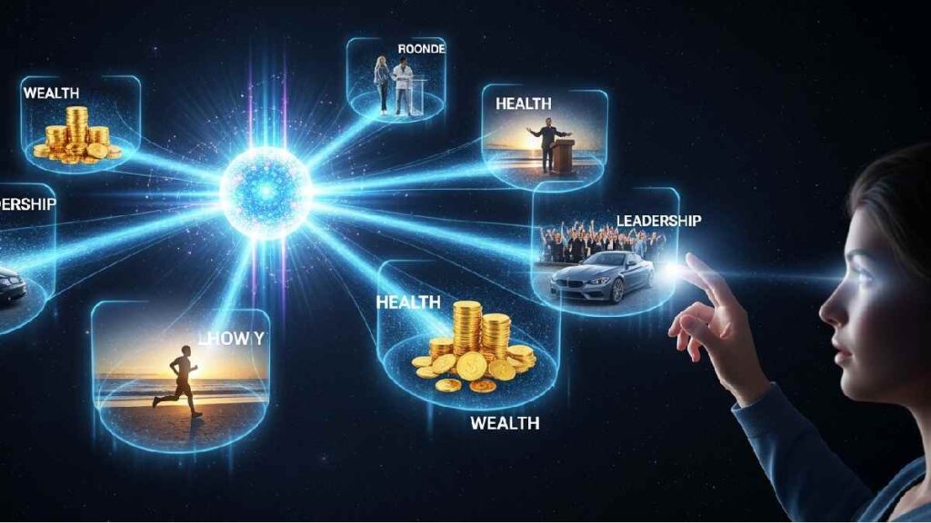 Quantum superposition concept showing multiple life possibilities collapsing into reality through attention