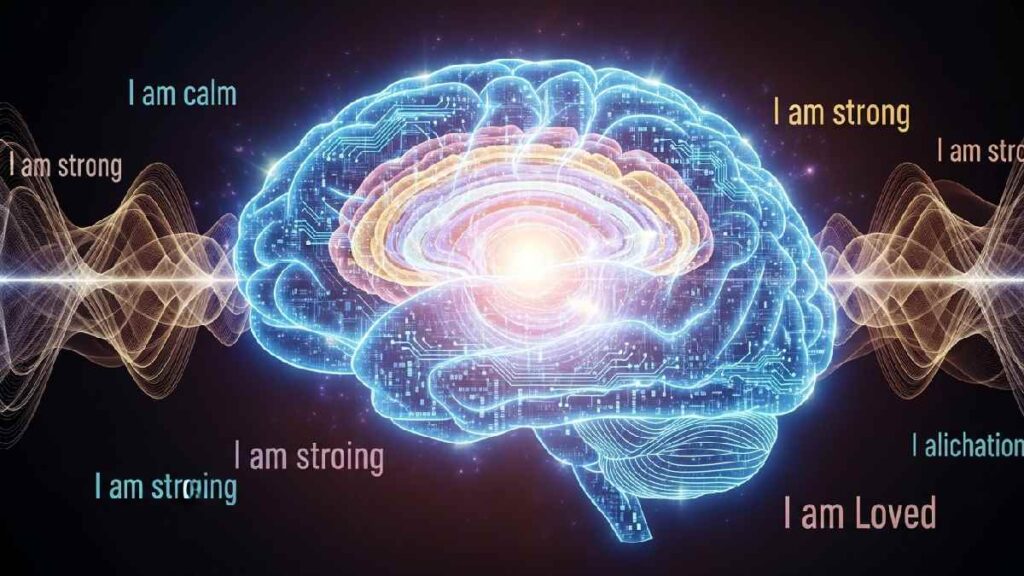 Visualization of the subconscious mind as a supercomputer being reprogrammed with positive thoughts and affirmations