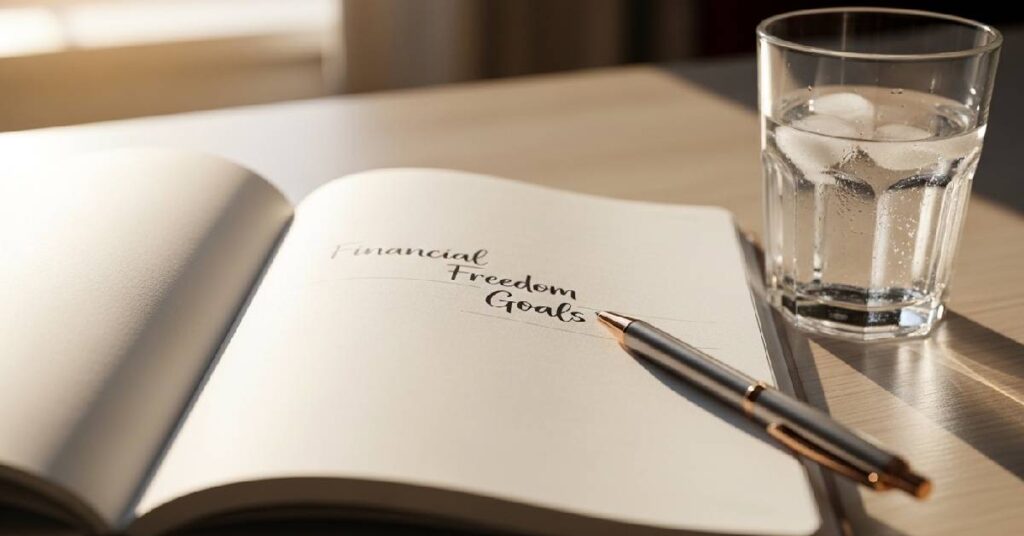 A hand writing financial goals in a diary with a compass and money in the background.