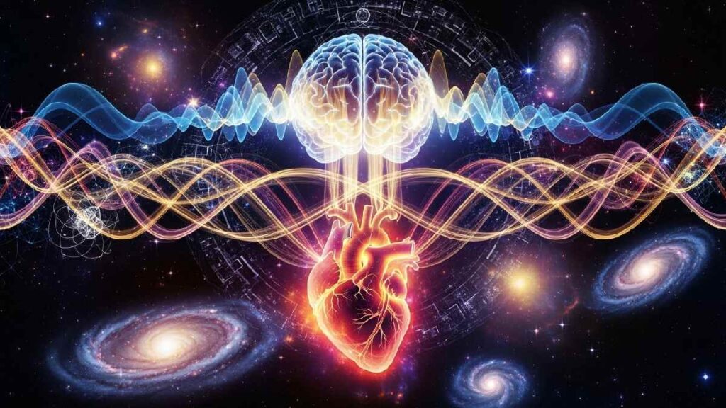Human brain and heart emitting vibrational energy waves connected to the universe