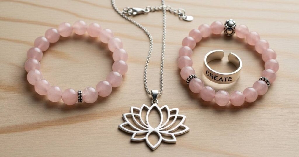 A collection of symbolic necklaces and bracelets for intention setting and mindfulness.