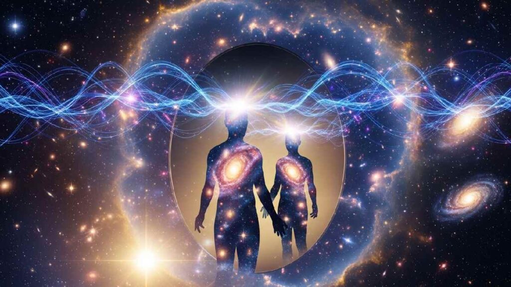 Quantum physics concept showing the universe as a mirror reflecting human thoughts and emotions