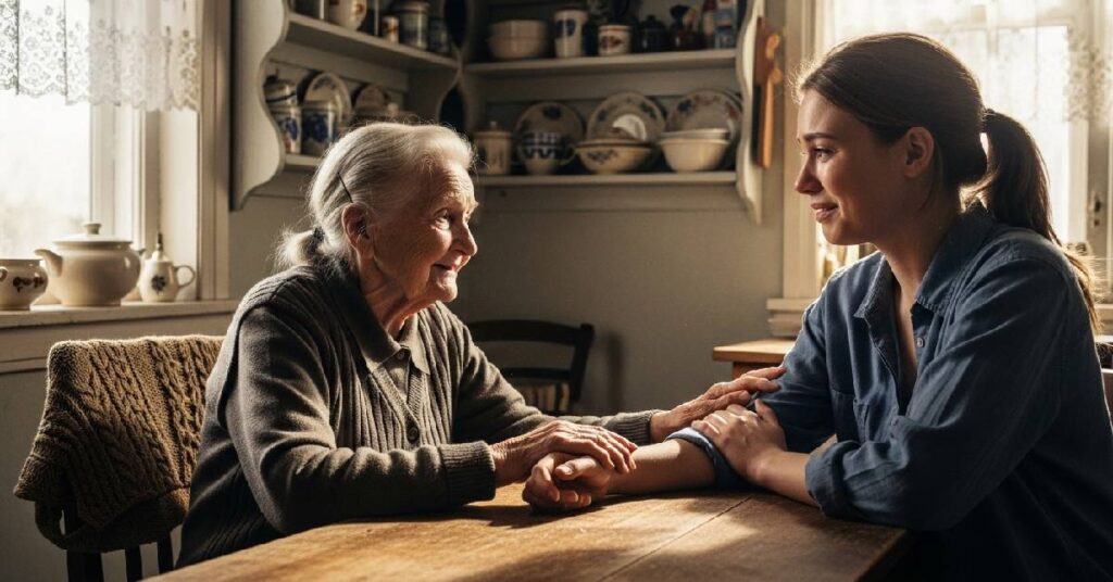 grandmother giving life advice to young woman emotional support