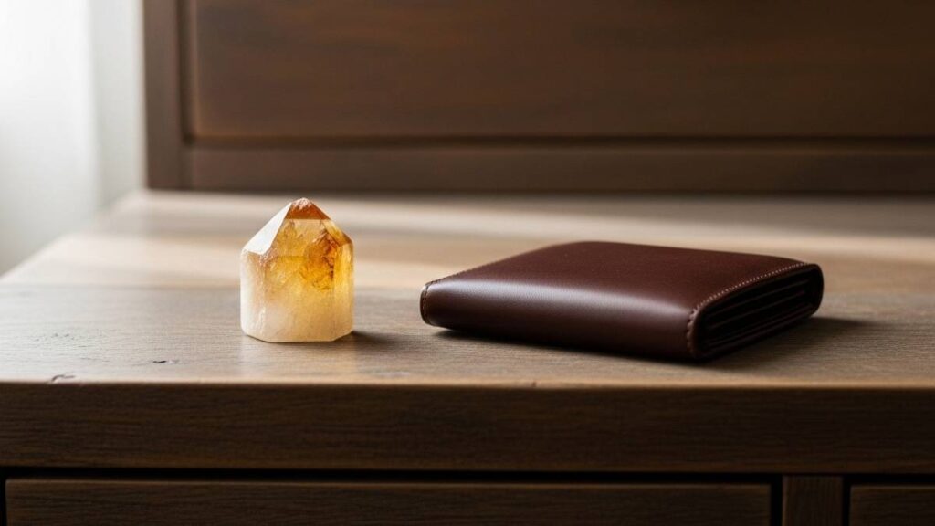 citrine crystal placed near wallet for money manifestation habit