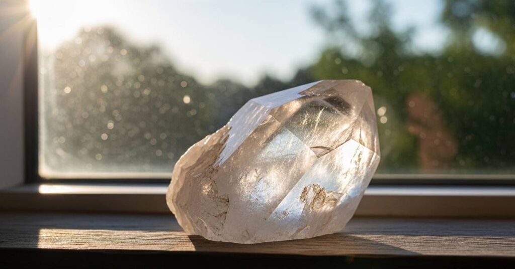clear quartz crystal on windowsill used for daily manifestation focus