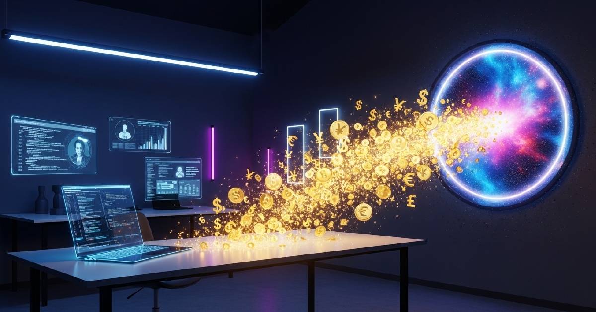 A software engineer visualizing financial abundance from the universe.