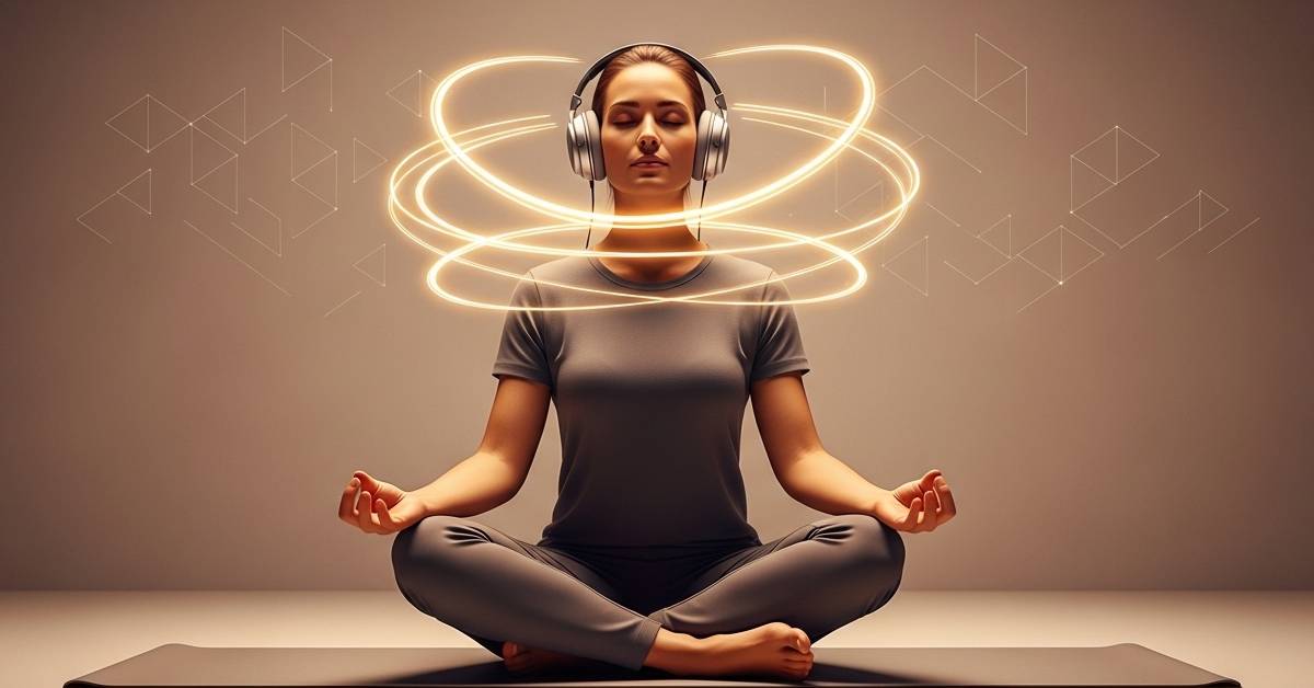 person meditating with headphones representing frequency for manifestation and brainwave relaxation