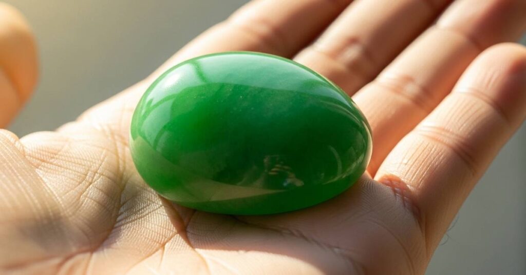 green jade crystal held in hand for calm and financial clarity