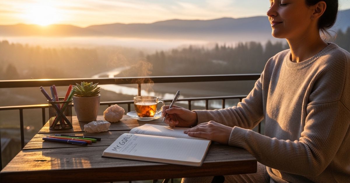 Person practicing morning visualization and journaling for personal goal setting at sunrise