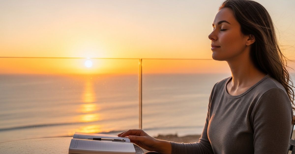 Person practicing visualization to manifest fantasy goals during peaceful sunrise meditation with ocean view