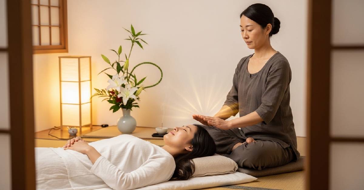 A person receiving Reiki energy healing in a calm and peaceful setting