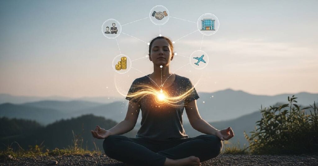 A visualization of using law of attraction affirmations for self love and career growth, showing a person connecting mentally to their goals.