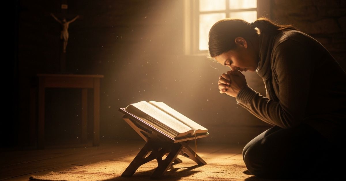 Believer in prayer experiencing the manifest presence of God in a peaceful worship setting