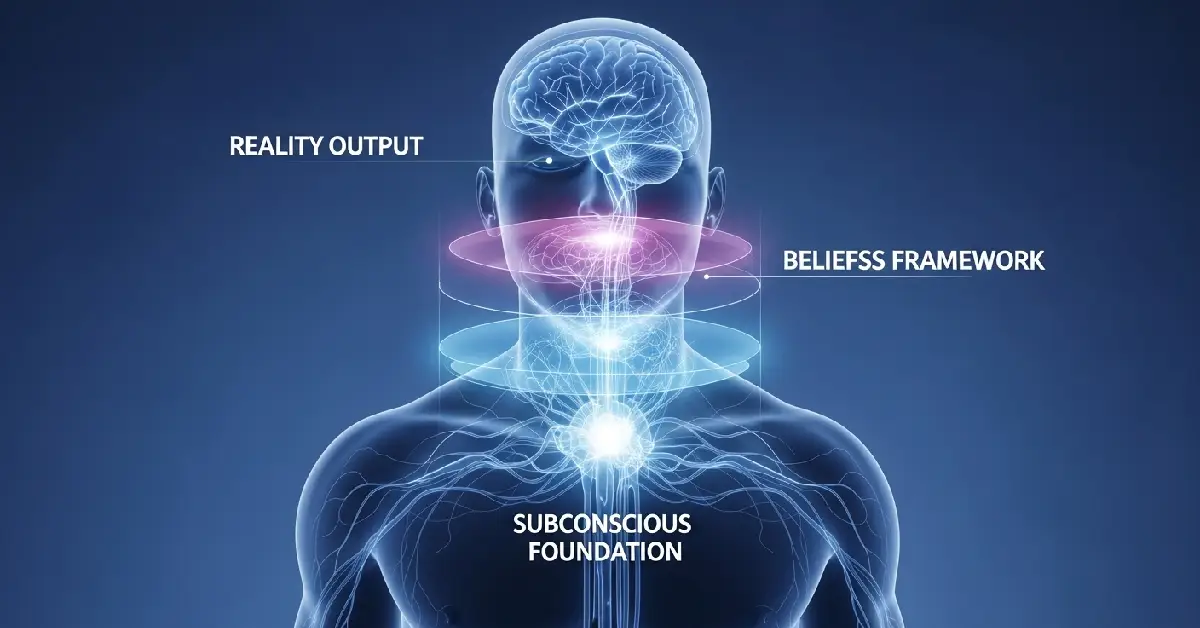 Manifestation inner structure diagram showing subconscious foundation, belief system framework, and reality output with neural pathways illustration