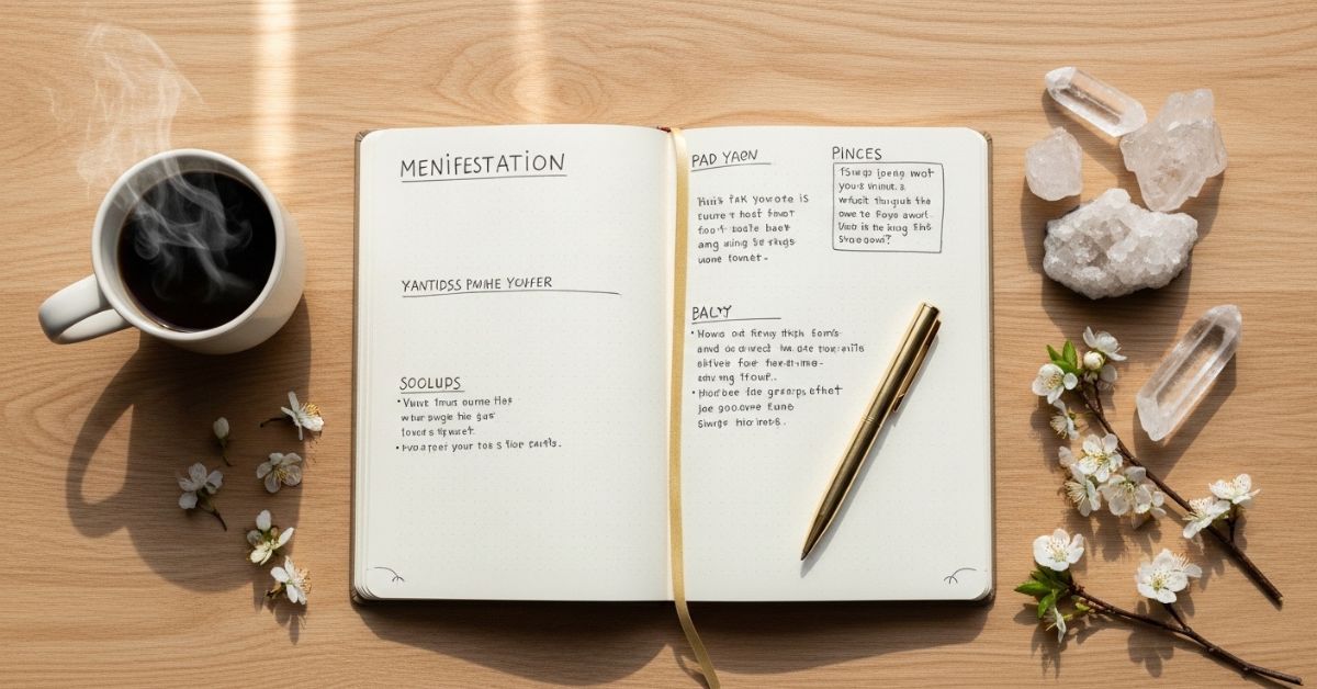 Manifestation journal with daily prompts, gratitude list and pen on a wooden table with morning coffee