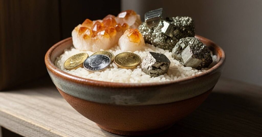 simple money bowl with rice coins citrine and pyrite for manifestation