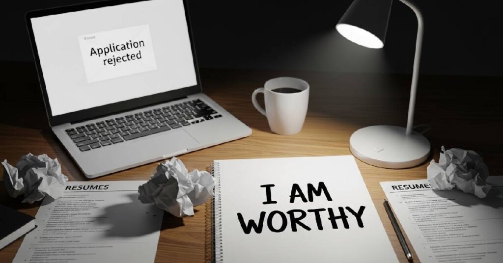 A depiction of the struggle of unemployment with a messy desk, rejections on screen, and a newly started notebook emphasizing self worth affirmations.