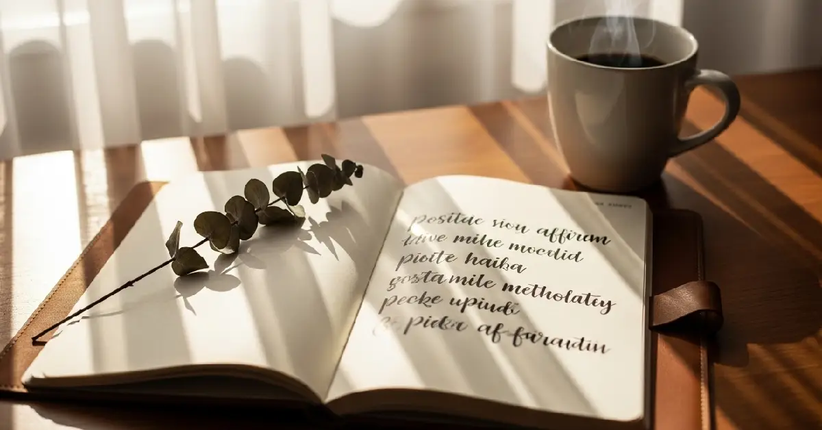 A person's open leather journal on a wooden desk showing a self confidence affirmations list written by hand, with a coffee mug and eucalyptus sprig beside it in warm morning sunlight.