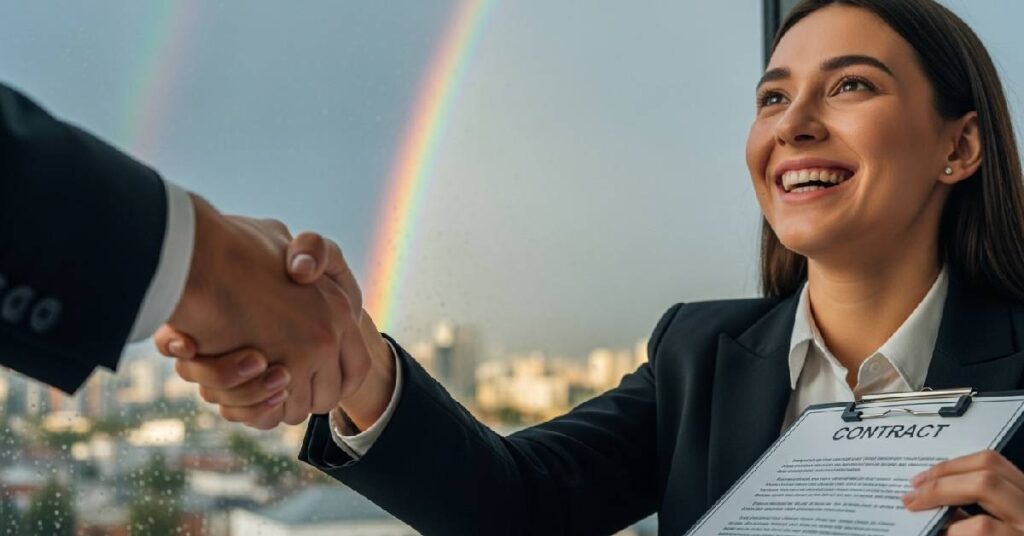 A dynamic close-up showing a confident job applicant shaking hands on a successful offer after using powerful daily affirmations.