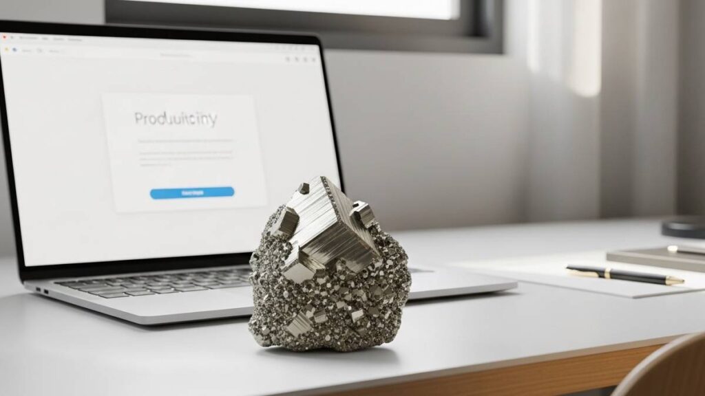 pyrite crystal on desk representing confidence and focus