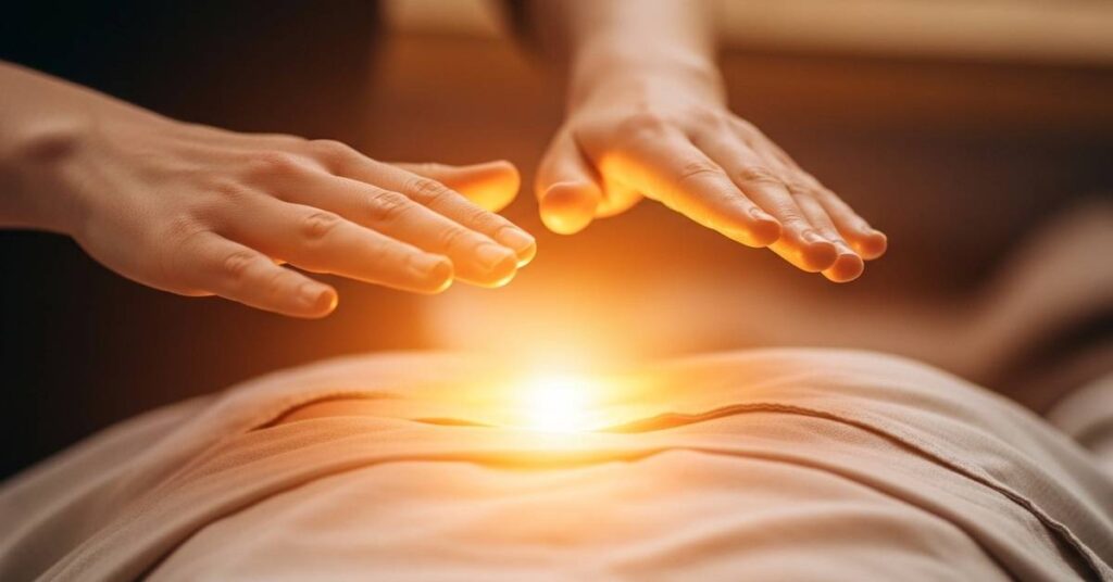 Hands performing Reiki healing with gentle energy flow