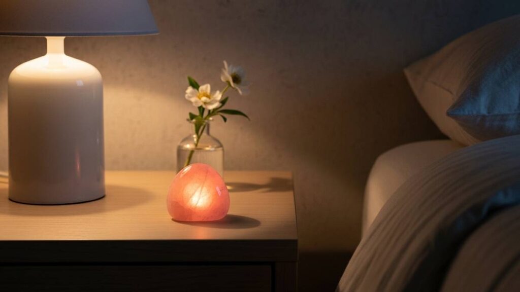 rose quartz crystal on nightstand representing first manifestation experience