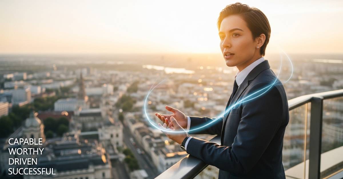 A young professional standing confidently overlooking a sunlit city, representing self worth affirmations for success.