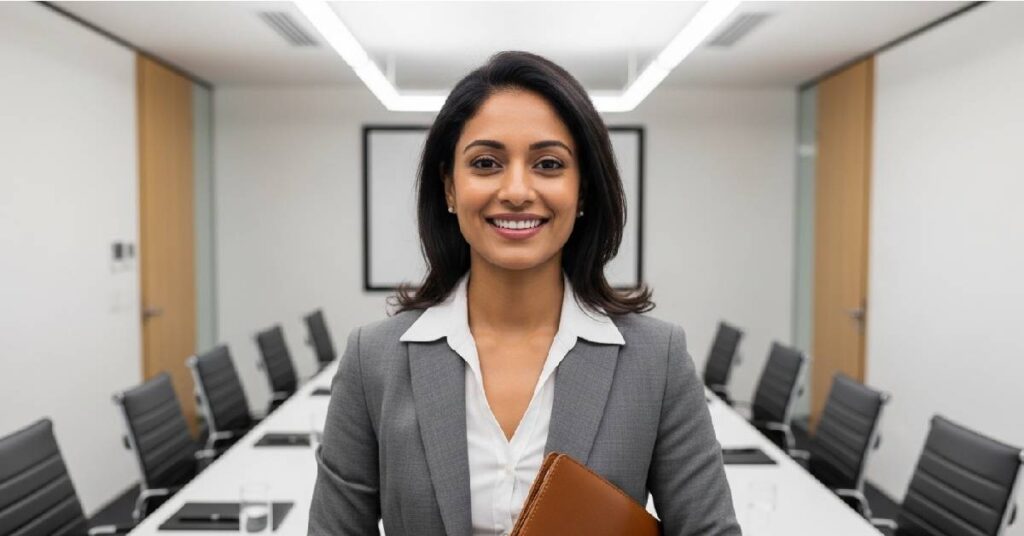 A woman executive smiling powerfully in an empty boardroom, representing empowerment through self worth affirmations for women in corporate settings.