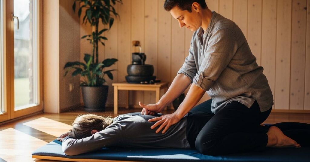 A Shiatsu therapist applying pressure to relieve body tension