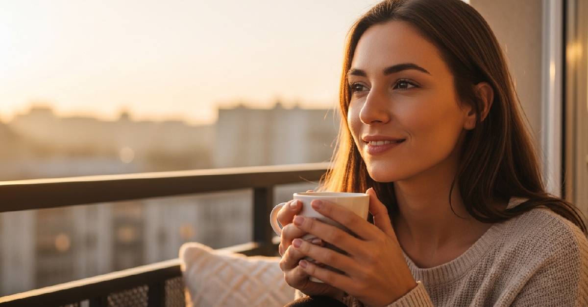 Woman sitting on balcony at sunrise holding coffee, practicing sunshine mindset affirmations for success with a calm and hopeful expression