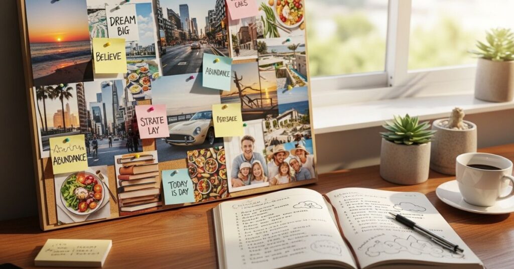 Vision board collage next to an open manifestation journal, inspirational images, quotes and sticky notes, creative and motivational setup