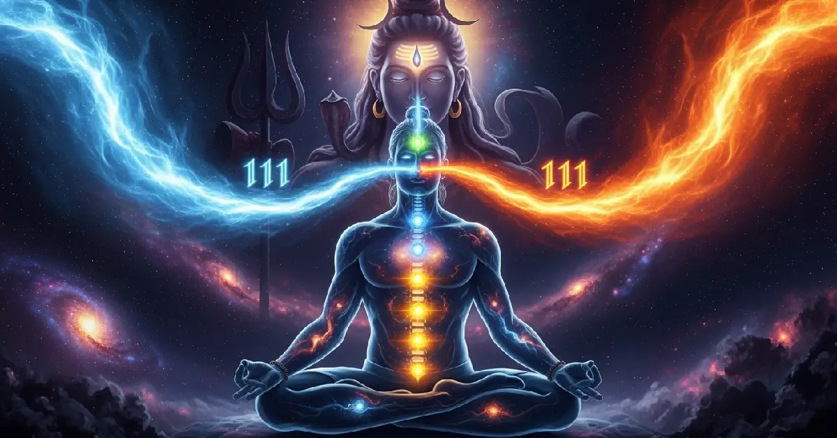 Meditating yogi with glowing chakras and cosmic breath streams representing the 111 Breaths Manifestation Technique from the Vijnana Bhairava Tantra.