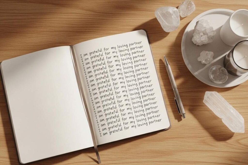 Notebook showing the 55x5 method law of attraction for manifesting love with handwritten affirmations