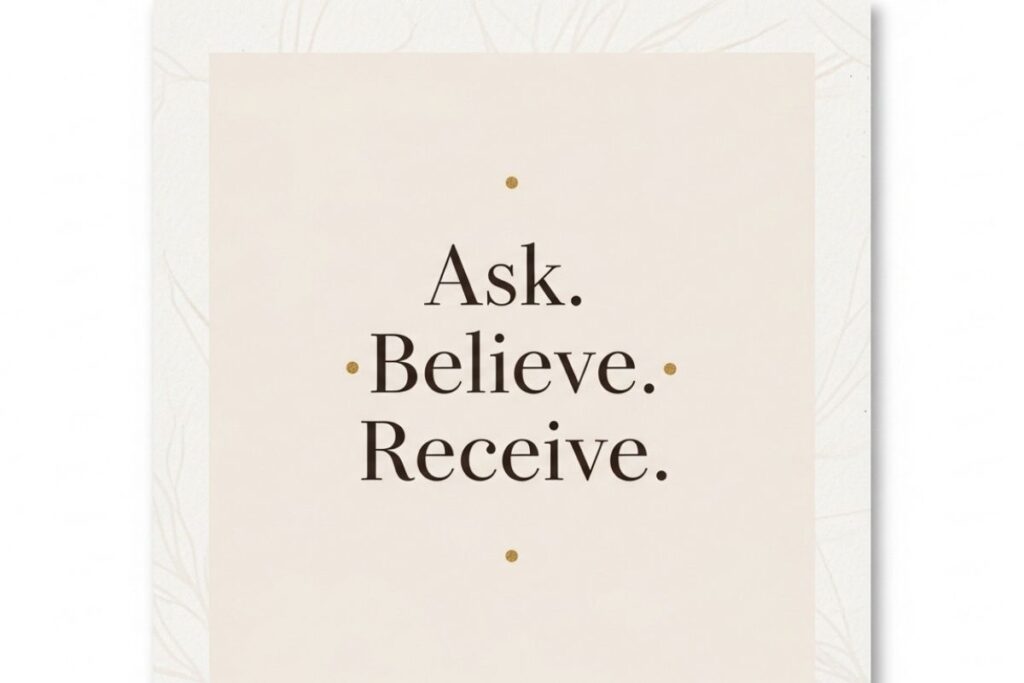 Ask Believe Receive Quotes The Secret - Daily Reminder Quote card with text Ask Believe Receive from The Secret law of attraction quotes on soft beige background