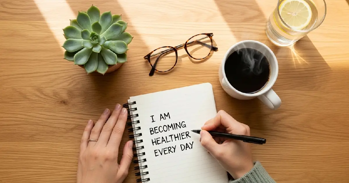 A woman writing daily affirmations for losing weight in a journal beside a cup of coffee and a glass of lemon water on a wooden table